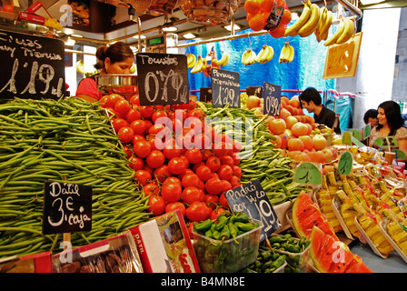 a fruit and vegetable stall on the la boqueria market in barcelona, spain Stock Photo