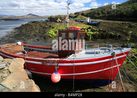 red old fishing boat on Inishnee an island near Roundstone, Connemara, Ireland, Europe Stock Photo