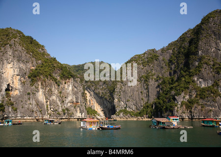 Floating village and market at Halong Bay Vietnam Stock Photo