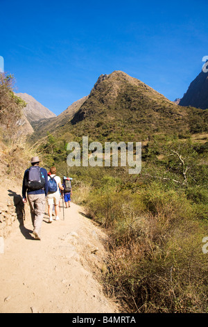 Trekkers along the Inca Trail, Camino Inka, in the Andes of Peru en route to Dead Woman's Pass on day two of the four day hike. Stock Photo