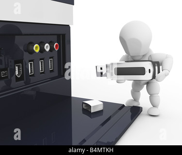 3D render of someone plugging in a USB pen in a computer Stock Photo