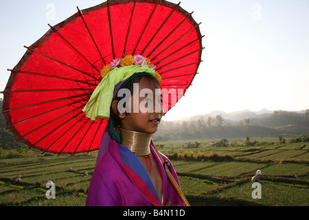 Closeup of girl walking with a parasol through the rice fields outside the Longneck village Approximately 300 Burmese refugees in Thailand are members of the indigenous group known as the Longnecks The largest of the three villages where the Longnecks live is called Nai Soi located near Mae Hong Son City Longnecks wear metal rings on their necks which push the collarbone down and extend the neck They are a tourist attraction Tourists visit Nai Soi to take pictures of the Longnecks and buy their handicrafts The villages are criticized by human rights organizations as human zoos Stock Photo