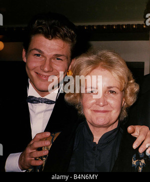 Morten Harket singer of pop group Aha with actress Jean Boht who plays Ma Boswell in TV programme Bread December 1988 Stock Photo