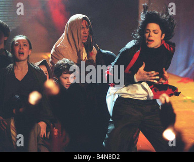 Pop superstar Michael Jackson performs his Earth Song at the Brit Awards ceremony February 19 This was Jacksons first performance anywhere in the world since his collapse on stage in New York recently Stock Photo