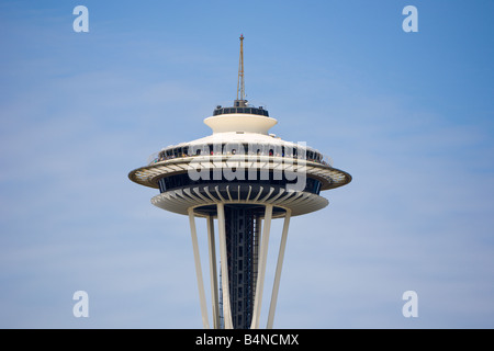 Close up shows people on observation deck of Space Needle in Seattle Washington Stock Photo