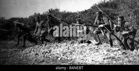 World War I British troops charging from the trenches The trenches of World War I have given us some of the most horrific images of the twentieth century By the latter stages of the war the trenches had devloped from small dug outs like this one into a massive network of trenches across the Western Front Millions of men died going over the top during World War I Many men didn t even reach the top of the trench before an enemy bullet cut them down The trenches were littered with corpses and fragments of human debris They were cold and wet and the mud turned to swamp by the incescant shell fire Stock Photo