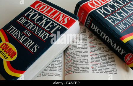 Dictionary & Thesaurus, one page of thesaurus open with equivalent words for 'dictionary' visible. Stock Photo