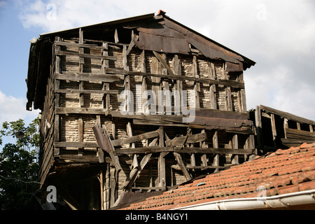 Decaying wooden Ottoman house showing the construction of the exterior walls, Istanbul, Turkey Stock Photo