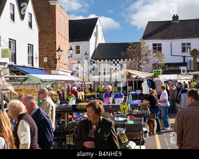 The crowded market in the Market Place in the small town of Knaresborough, North Yorkshire, England UK Stock Photo