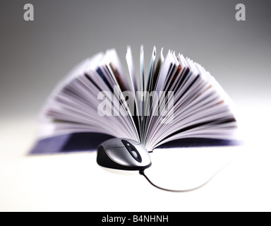 Open book in shape of fan with a silver mouse on white background Stock Photo