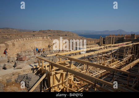 Building & restoration work taking place at the Acropolis in Lindos on the Greek Island of Rhodes Stock Photo