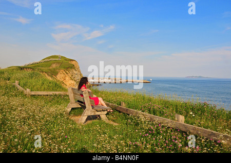 Woman admiring scenery Cap aux Meules Iles de la Madeleine Quebec canada Stock Photo