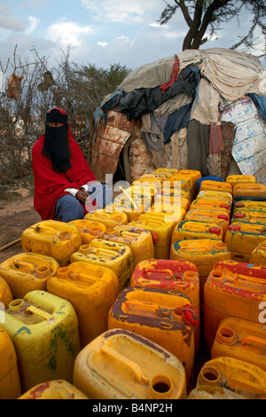 Water containers are queued for filling at a refugee camp in Hargeisa, Somaliland, Somalia