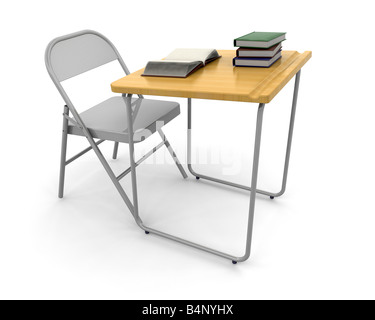 3D render of a desk and chair with a stack of books Stock Photo