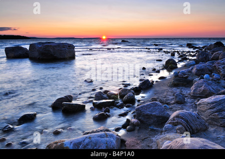 Sunset at the rocky shore of Georgian Bay Canada Awenda provincial park Stock Photo