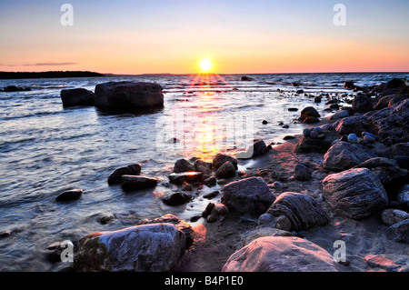 Sunset at the rocky shore of Georgian Bay Canada Awenda provincial park Stock Photo