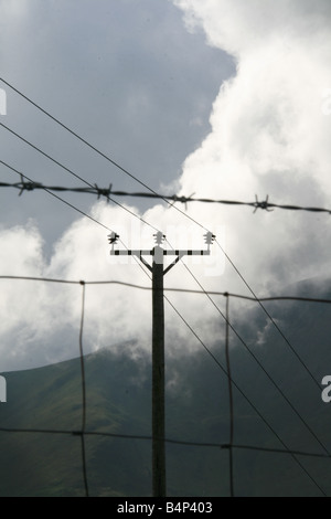 telegraph electricity pole and clouds in snowdonia, wales Stock Photo