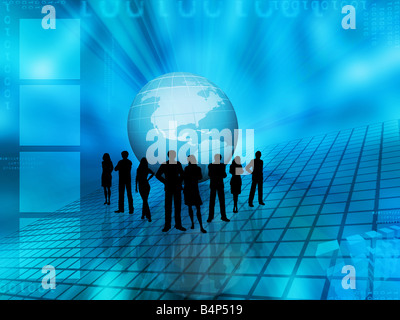 Silhouettes of a business team on an abstract globe background Stock Photo