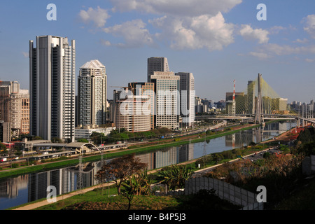 Skyline around Pinheiros River and Octavio Frias Cable Bridge Sao Paulo Brazil Stock Photo