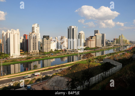 Skyline around Pinheiros River and Octavio Frias Cable Bridge Sao Paulo Brazil Stock Photo