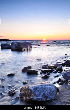 Sunset at the rocky shore of Georgian Bay Canada Awenda provincial park Stock Photo