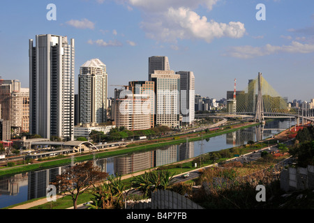 Skyline around Pinheiros River and Octavio Frias Cable Bridge Sao Paulo Brazil Stock Photo