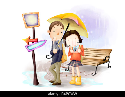 Representation of boy and girl standing with umbrella in rain Stock Photo