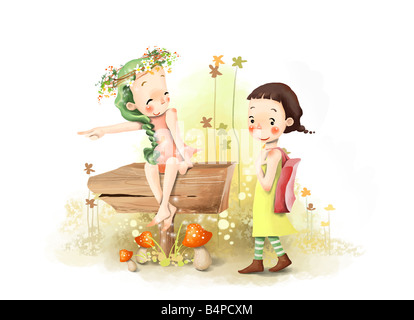 Representation of boy and girl playing in park Stock Photo