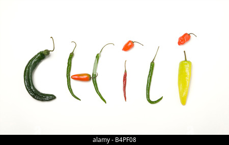 The word Chili spelled out using various chili peppers Stock Photo