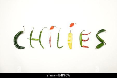 The word Chilies spelled out using various chili peppers Stock Photo