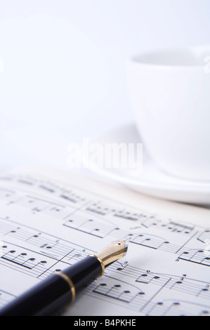 Fountain pen on a musical notes Stock Photo