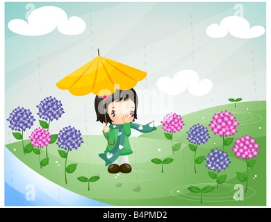 Representation of girl under umbrella in rain Stock Photo