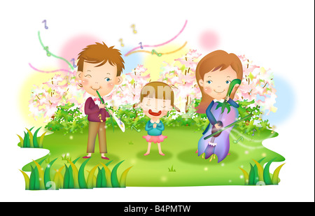 Representation of parents playing music as girl is singing in park Stock Photo