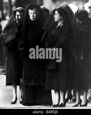 15th February 1952 Three Queens Queen Elizabeth Queen Mary and the Queen Mother watch the body of the King being placed in Westminster Abbey The acsension of Elizabeth came on her father s George VI sad death on February 6th 1953 She was in Kenya at the time so the proclamation was not official until the 8th The three queens were rarely pictured together Unfortunately Queen Mary died on the 24th March 1953 George VI was the third son she had seen die George VI never found being king easy but his popularity was never in doubt It was evidenced by the crowds of people who turned out to pay their