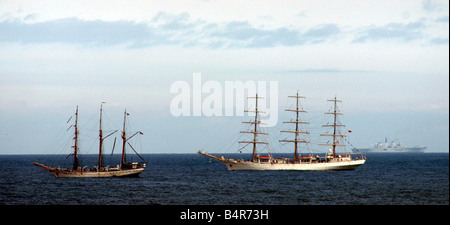 Tall Ships Race July 2005 Some of the Tall ships anchored off the coast at Tynemouth Stock Photo