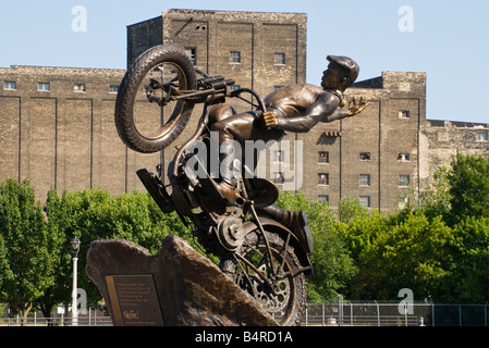Hill Climbing statue outside the entrance to the Harley-Davidson Museum in Milwaukee, Wisconsin, USA Stock Photo