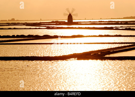 The Ettore e Infersa saltworks at sunset Stock Photo