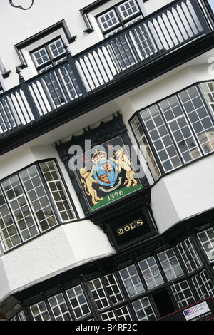 City of Exeter, England. The 16th century Mol’s Coffee House Elizabethan building facade at number one Cathedral Close. Stock Photo