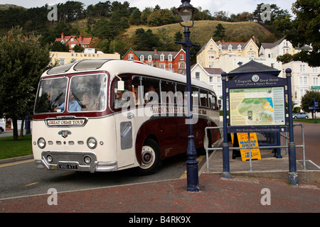 the great orme tour and marine drive bus leaving the stop along the parade north shore llandudno conway clwyd north wales uk Stock Photo