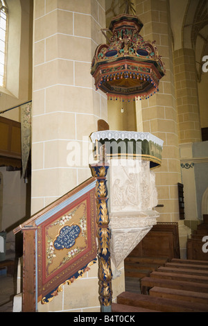 Biertan Transylvania Romania Europe Carved stone pulpit inside Saxon fortified church Stock Photo