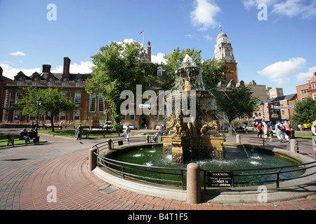 City of Leicester, England. The bronze and cast iron Francis Hames designed Town Hall Square Fountain. Stock Photo