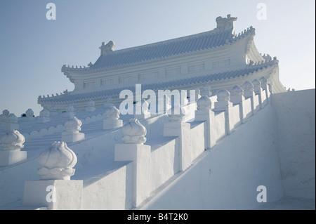 China, Heilongjiang, Harbin, Ice and Snow Festival, Forbidden City made of snow and ice slide Stock Photo