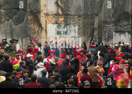 China, Yunnan Province, Kunming Area, Shilin, Stone Forest, Chinese Visitors to the Shilin Stone Forest Stock Photo