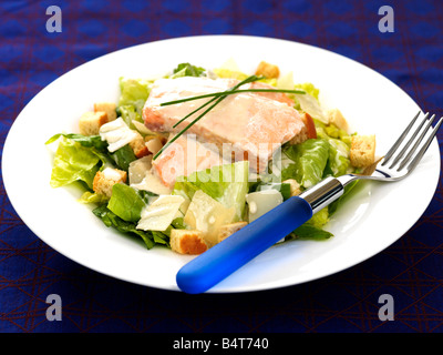 Fresh Healthy Poached Salmon Fillet Or Steak With A Crunchy Caesar Salad And No People Served On A Plate Stock Photo