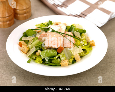 Fresh Healthy Poached Salmon Fillet Or Steak With A Crunchy Caesar Salad And No People Served On A Plate Stock Photo