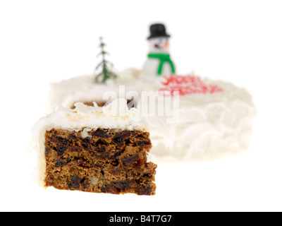 Fresh Festive Rich Fruit Decorated And Iced Christmas Cake Isolated White Background With No People and A Clipping Path Stock Photo