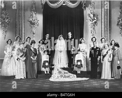 Princess Elizabeth Queen Elizabeth II marries the Duke of Edinburgh 20 November 1947 The wedding party pictured in Buckingham Palace Front row left to right Queen Mary Princess Andrew of Greece the bridegroom s mother the pages Prince William of Gloucester and Prince Michel of Kent The King and Queen and Dowager Marchioness of Milford Haven second row left to right four bridesmaids The Hon Margaret Elphinstone Lady Pamela Mountbatten Lady Mary Cambridge and Princess Alexandra groomsman the Marquess of Milford Haven and the other four bridesmaids Princess Margaret Lady Caroline Montagu Bouglas Stock Photo