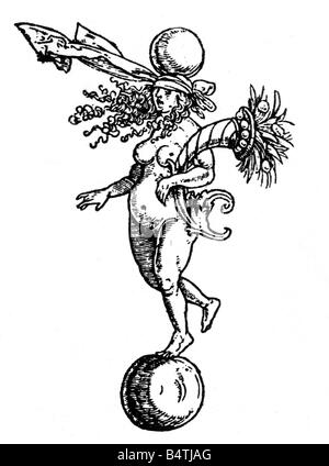 Fortuna, Roman goddess of fortune, woodcut by Albrecht Duerer (1471 - 1528), Artist's Copyright has not to be cleared Stock Photo