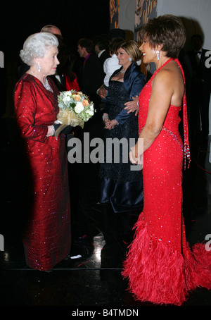 Royal Variety Show 2005 Cardiff HM Queen Elizabeth II meets performers back stage after the show Dame Shirley Bassey meets the Queen November 2005 2000s Mirrorpix Stock Photo