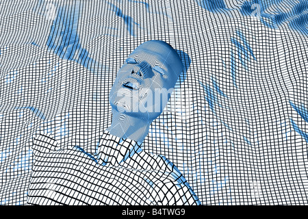 Wireframe man emerging from a wireframe world. Stock Photo